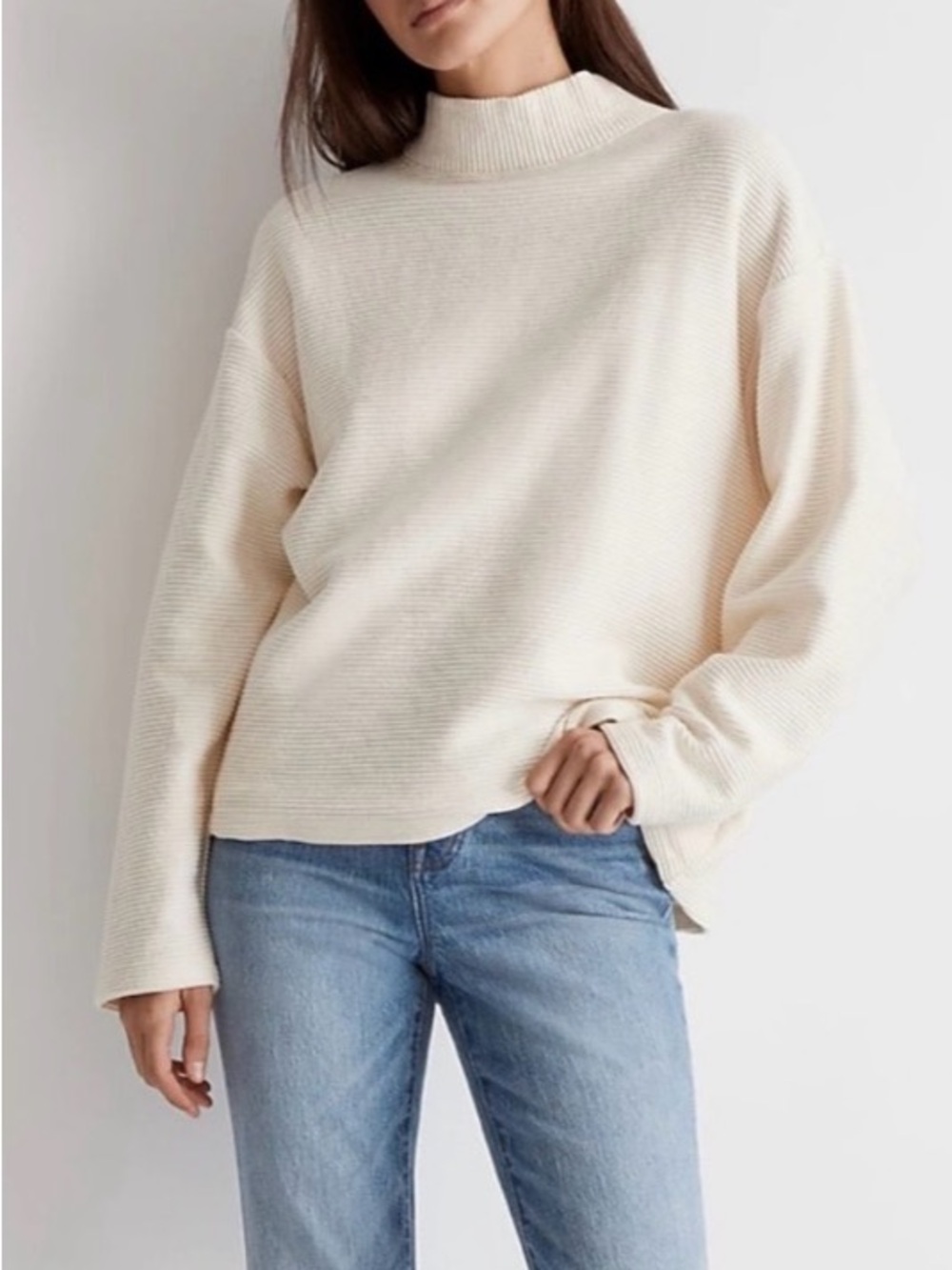 Madewell Funnel-Neck Ribbed Ottoman Knit Cotton Turtleneck Sweater Drop Shoulder